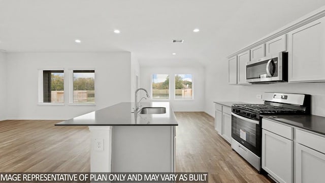 kitchen with light hardwood / wood-style floors, sink, stainless steel appliances, and a kitchen island with sink