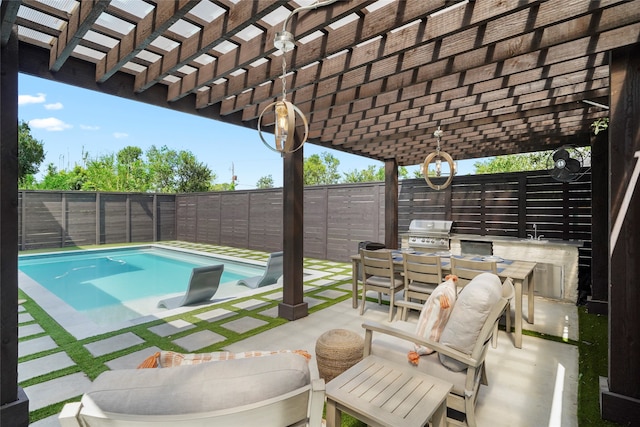 view of swimming pool featuring a patio, a pergola, area for grilling, and sink