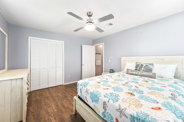 bedroom featuring ceiling fan, a closet, and dark hardwood / wood-style flooring