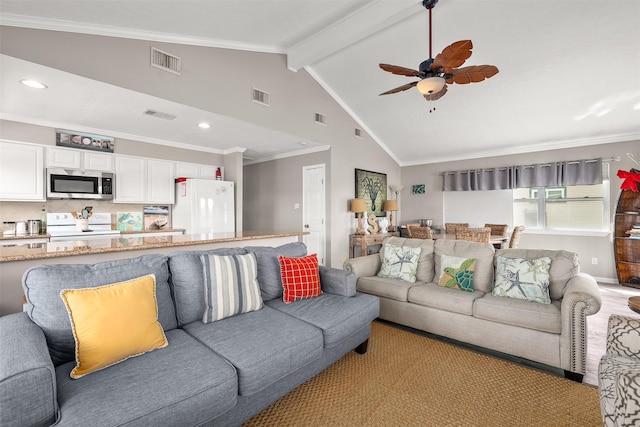 living area featuring visible vents, crown molding, beamed ceiling, and ceiling fan