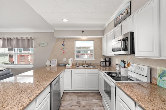 kitchen with crown molding, stainless steel appliances, tasteful backsplash, white cabinetry, and a sink