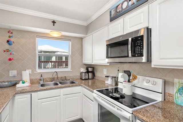 kitchen with white range with electric cooktop, stainless steel microwave, backsplash, crown molding, and a sink