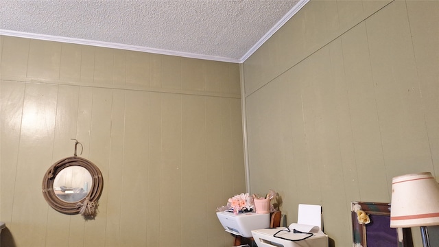 interior details featuring a textured ceiling and crown molding