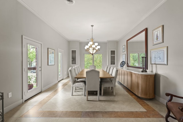 tiled dining space with ornamental molding and a chandelier