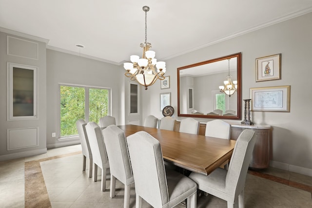 tiled dining room featuring crown molding and an inviting chandelier