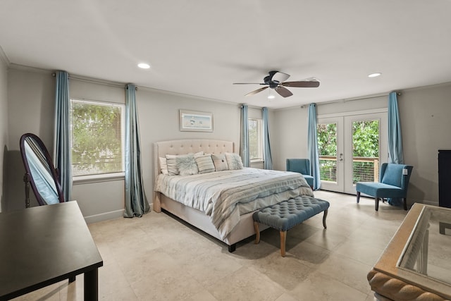 bedroom with french doors, ceiling fan, access to outside, and ornamental molding