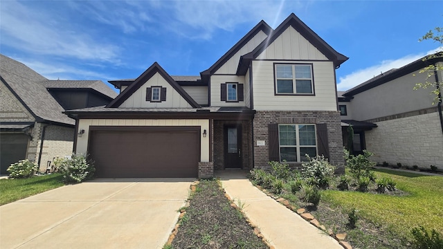 craftsman-style house with a garage and a front lawn