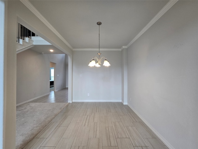 unfurnished dining area featuring light carpet, ornamental molding, and a chandelier