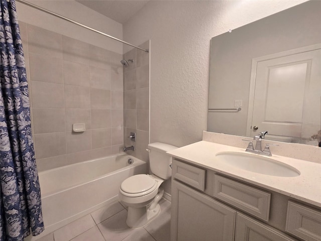 full bathroom with vanity, shower / tub combo, tile patterned floors, and toilet