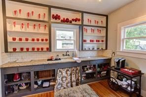 bar featuring hardwood / wood-style floors and decorative backsplash