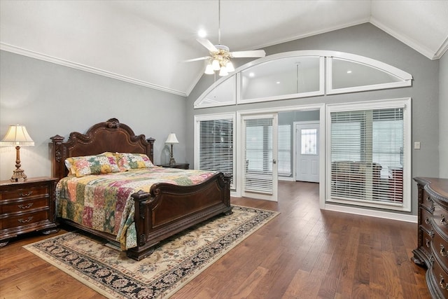 bedroom featuring ceiling fan, crown molding, hardwood / wood-style floors, and lofted ceiling