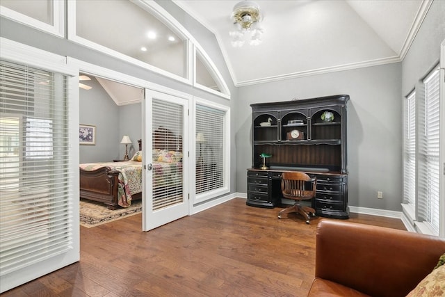 office with crown molding, hardwood / wood-style floors, and lofted ceiling