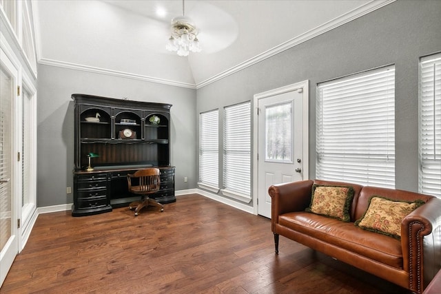 office space with ceiling fan, crown molding, hardwood / wood-style floors, and lofted ceiling