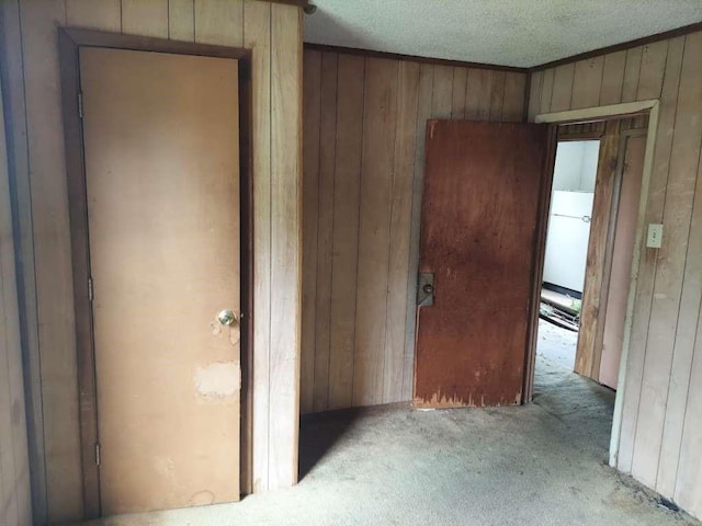 interior space featuring light colored carpet, a textured ceiling, and wood walls