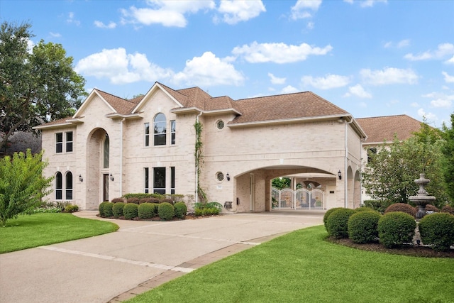 french provincial home featuring brick siding, a shingled roof, concrete driveway, a front yard, and a gate