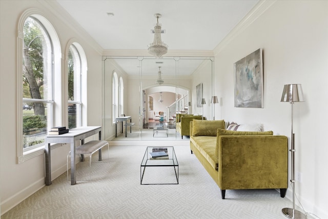 interior space featuring a healthy amount of sunlight, ornamental molding, and light carpet