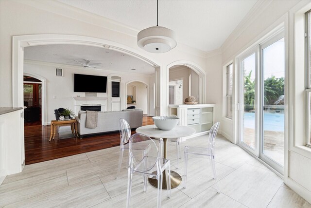 dining space featuring crown molding, ceiling fan, and light hardwood / wood-style floors