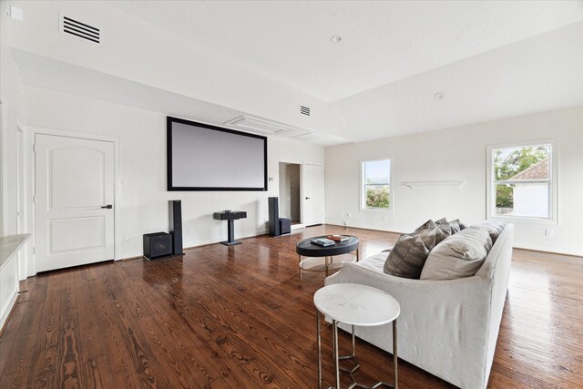 home theater room featuring plenty of natural light and hardwood / wood-style floors