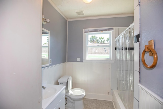 full bathroom with toilet, shower / tub combo, vanity, tile patterned floors, and ornamental molding