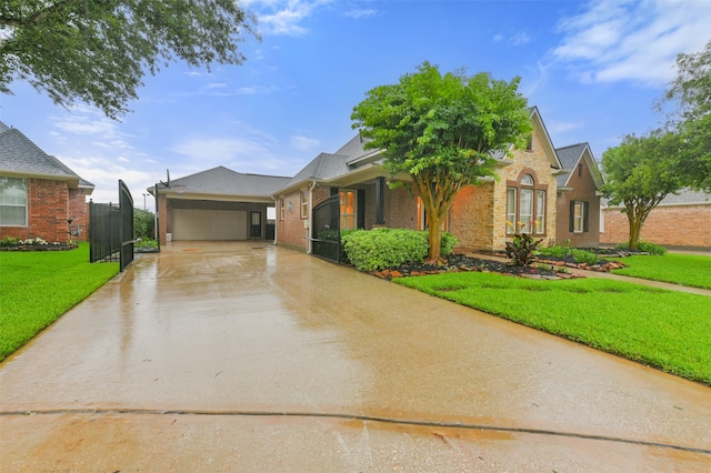 view of front of house featuring a garage and a front lawn