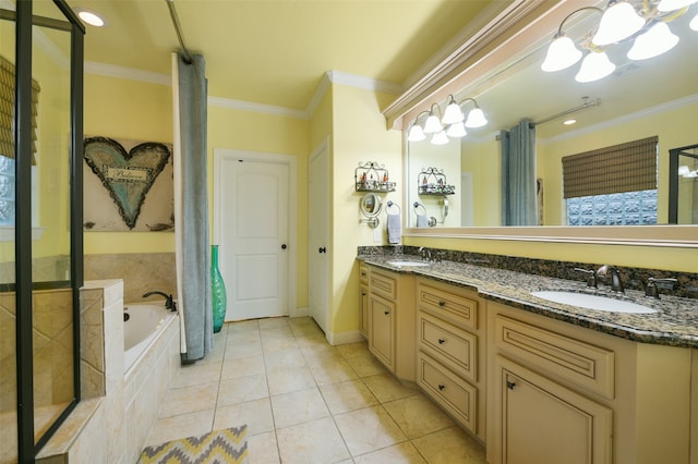 bathroom featuring dual vanity, tile patterned floors, a relaxing tiled tub, and crown molding