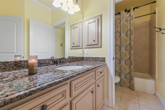 full bathroom featuring toilet, crown molding, tile patterned floors, shower / bath combination with curtain, and vanity