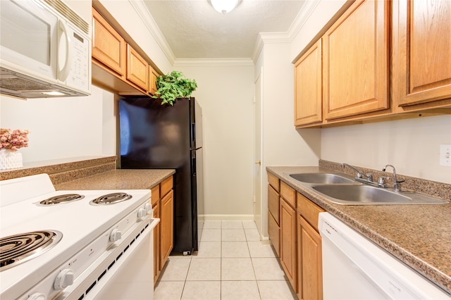 kitchen with light tile patterned flooring, sink, white appliances, a textured ceiling, and crown molding