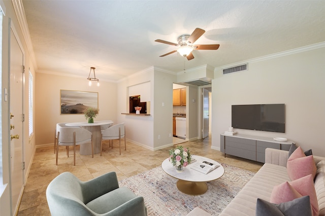 living room with ceiling fan, light tile patterned floors, and ornamental molding