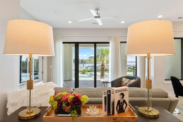 living room with ceiling fan