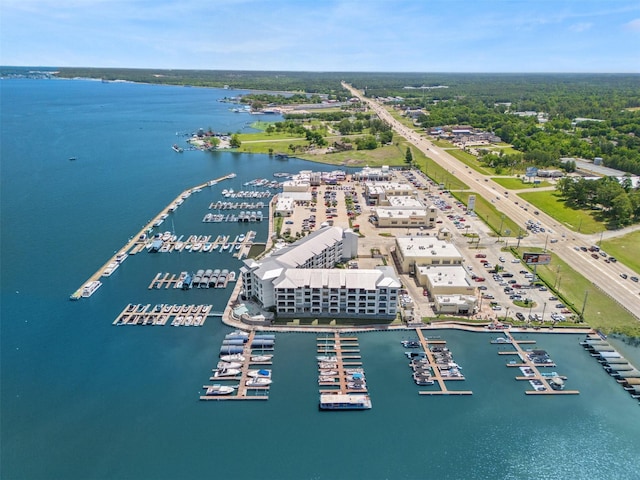 bird's eye view with a water view