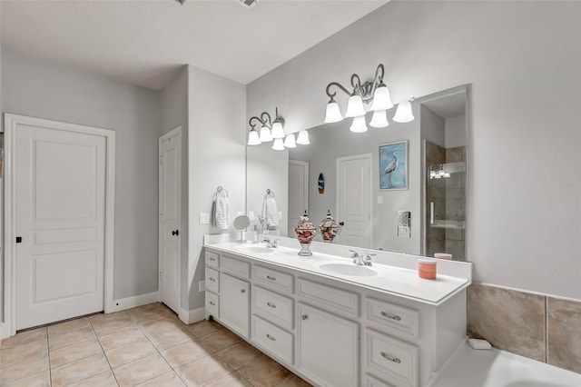 bathroom with vanity, tile patterned floors, and an enclosed shower