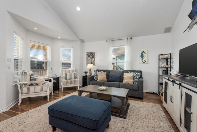 living room featuring visible vents, baseboards, dark wood finished floors, lofted ceiling, and recessed lighting