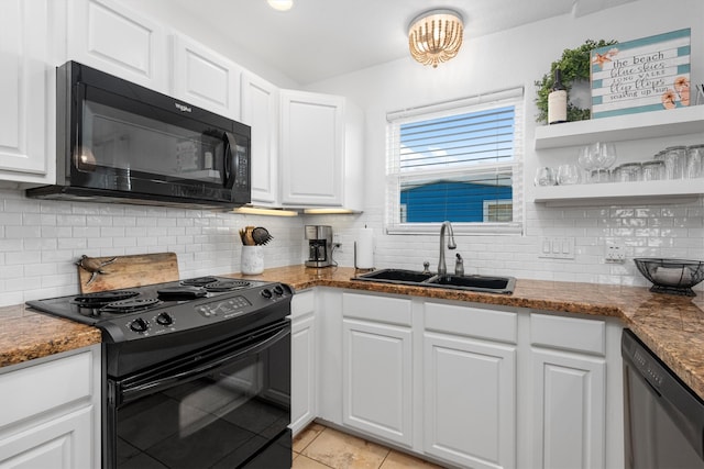 kitchen featuring white cabinets, a sink, black appliances, and open shelves