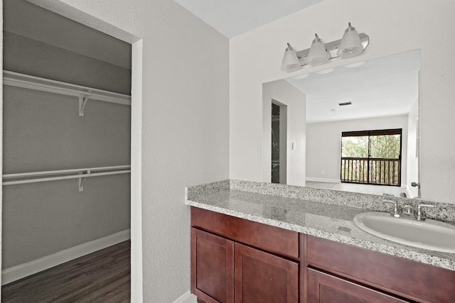 bathroom with hardwood / wood-style flooring and vanity