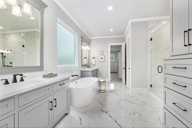 bathroom featuring plus walk in shower, vanity, and ornamental molding