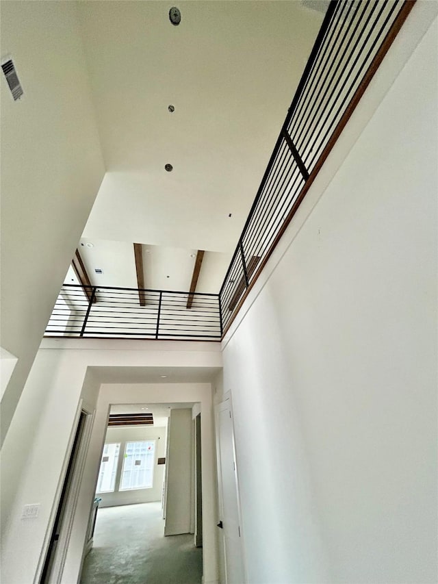 stairway featuring carpet and a high ceiling