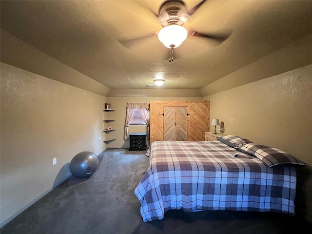 bedroom with ceiling fan and carpet