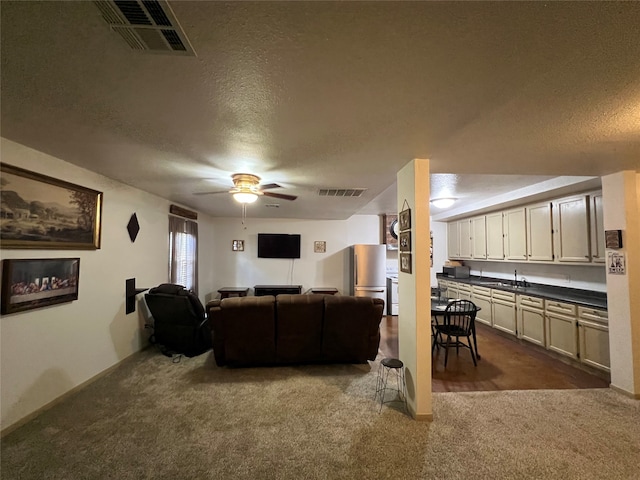 carpeted living room featuring ceiling fan, a textured ceiling, and sink