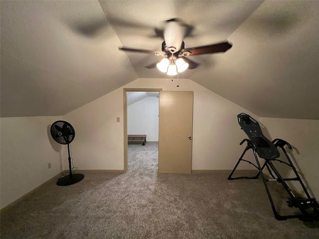 bonus room featuring carpet, vaulted ceiling, and ceiling fan