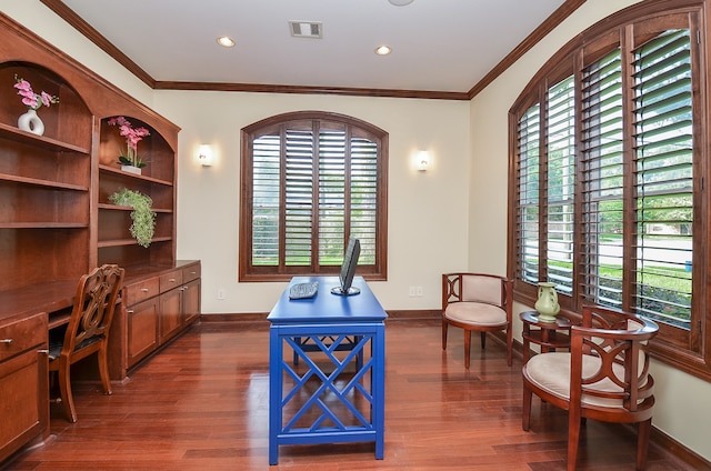 home office featuring ornamental molding and dark hardwood / wood-style flooring