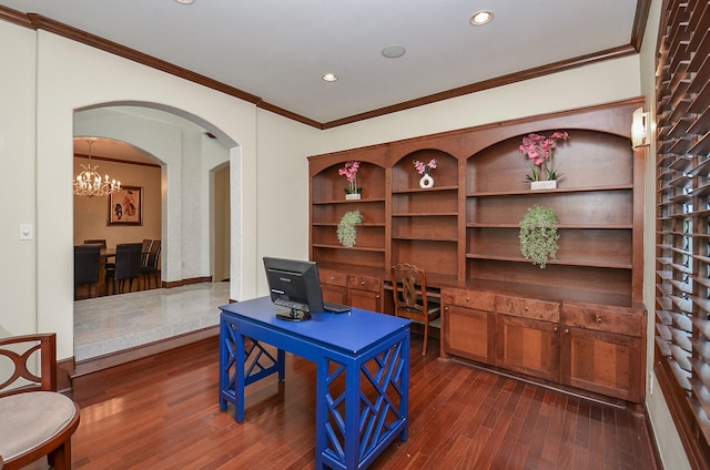 office with dark wood-style floors, recessed lighting, arched walkways, and crown molding