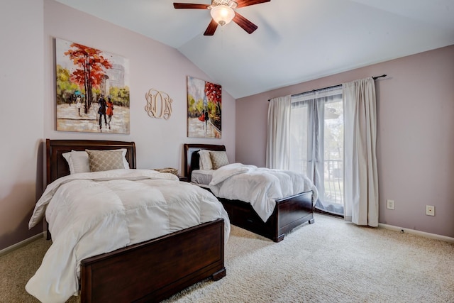 carpeted bedroom featuring ceiling fan, vaulted ceiling, and access to outside