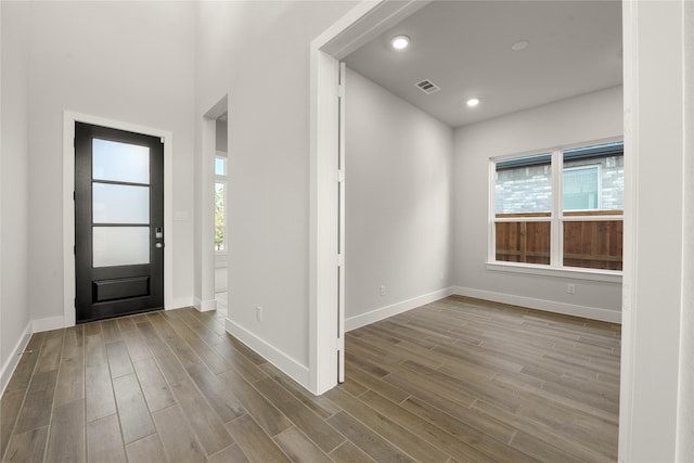 entryway with wood-type flooring