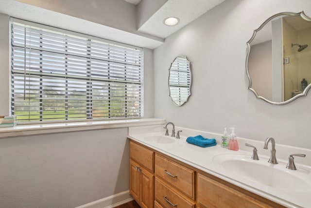 bathroom featuring walk in shower and vanity