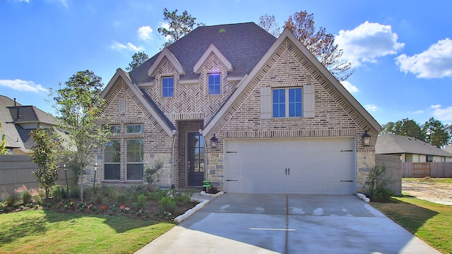 english style home featuring a garage and a front yard