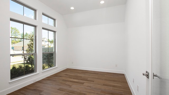 spare room with dark wood-type flooring, a healthy amount of sunlight, and lofted ceiling