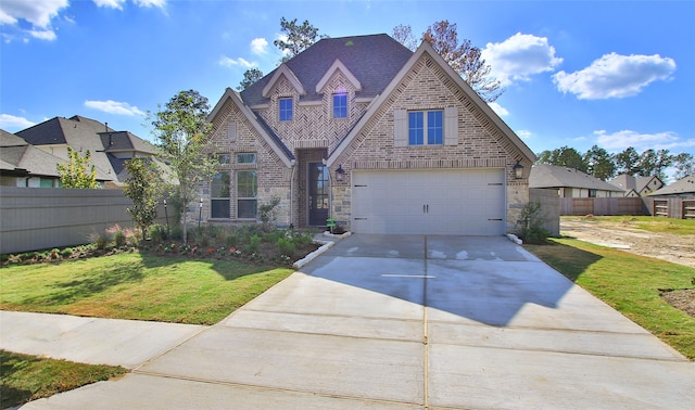 english style home featuring a garage and a front yard