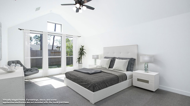 carpeted bedroom featuring high vaulted ceiling and ceiling fan