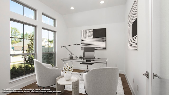 office space featuring dark hardwood / wood-style floors, plenty of natural light, and lofted ceiling