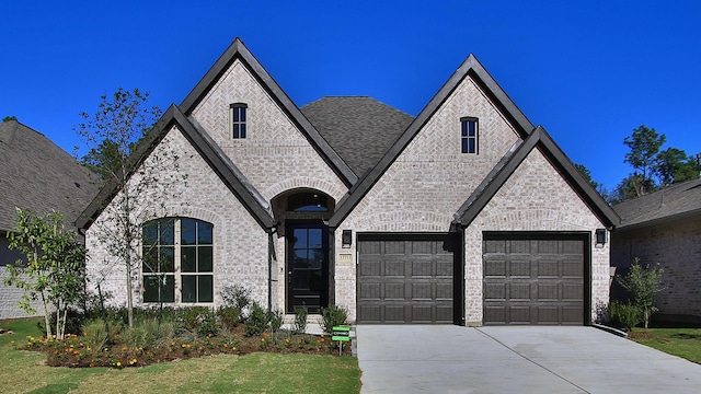 17711 Monarch Vista Ln, Conroe, TX 77302 - french provincial home with concrete driveway, brick siding, roof with shingles, stone siding, and a front yard